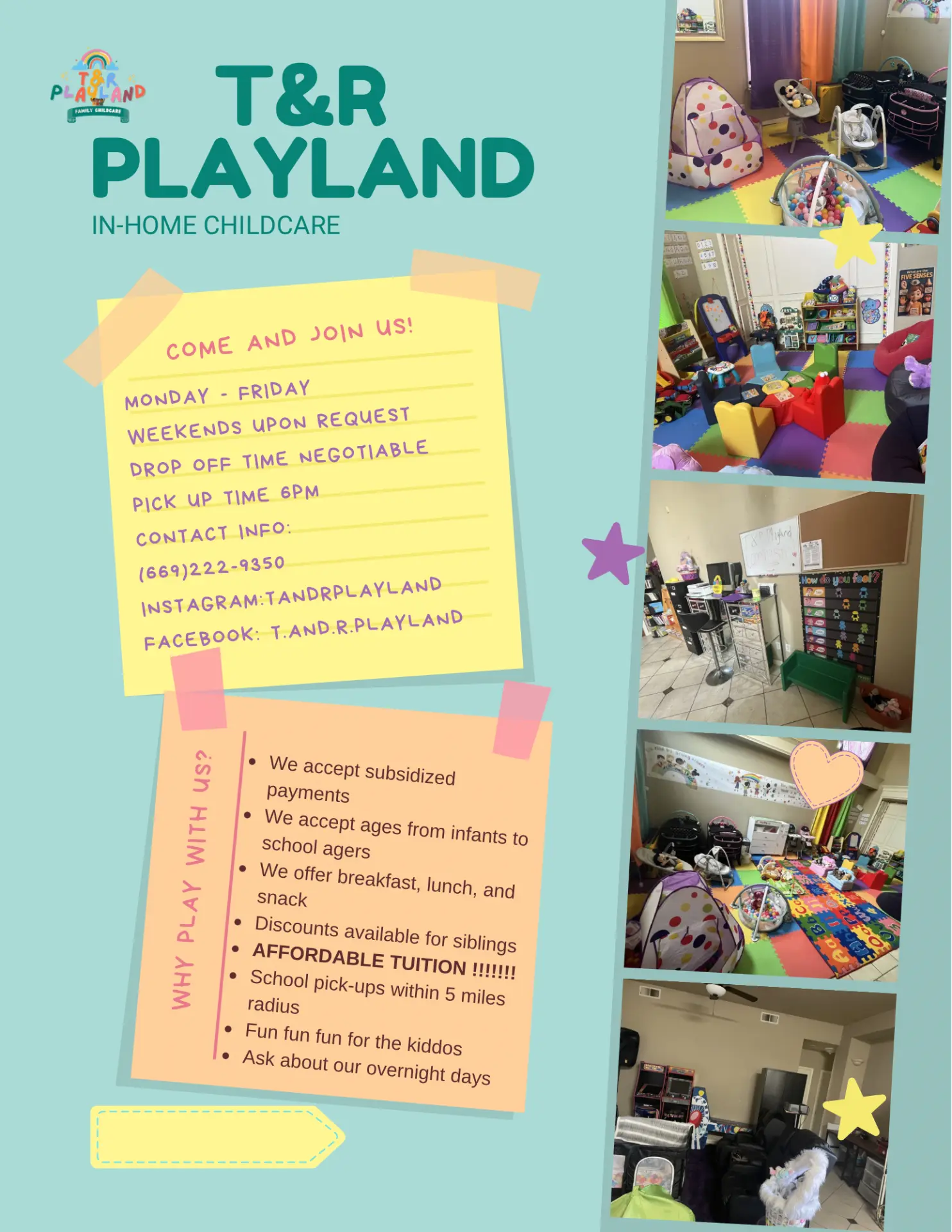 T&R Playland in-home childcare flyer with hours, contact info and photos of the playrooms